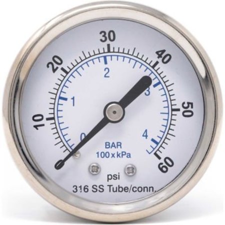ENGINEERED SPECIALTY PRODUCTS, INC PIC Gauges 2.5" All SS Pressure Gauge, 1/4" NPT, 0/60 PSI, Dry Fillable, Ctr Back Mount, 302D-254D 302D-254D